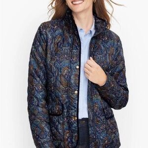 Talbots Womens Blue Paisley Quilted Barn Jacket Velvet Trim Snap Front XL Petite
